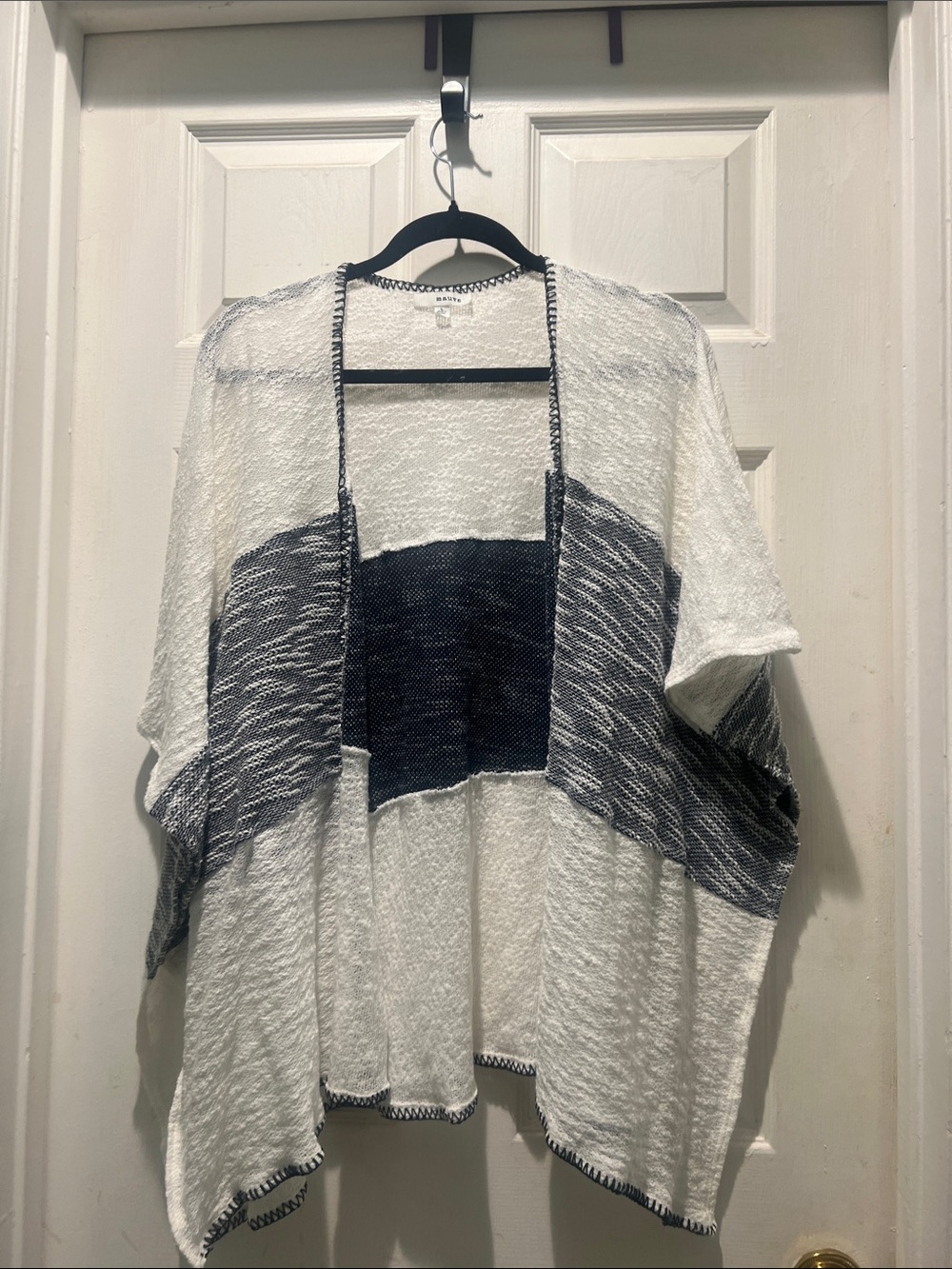 Mauve White and Navy Open-Front Knit Poncho Cardigan